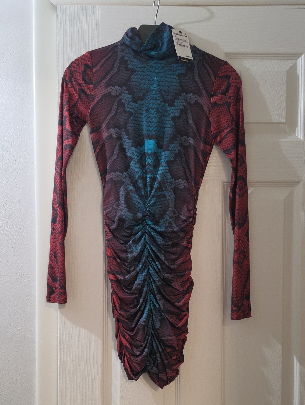 AFRM Long-Sleeve Ruched Snake-Print Dress in Red & Teal